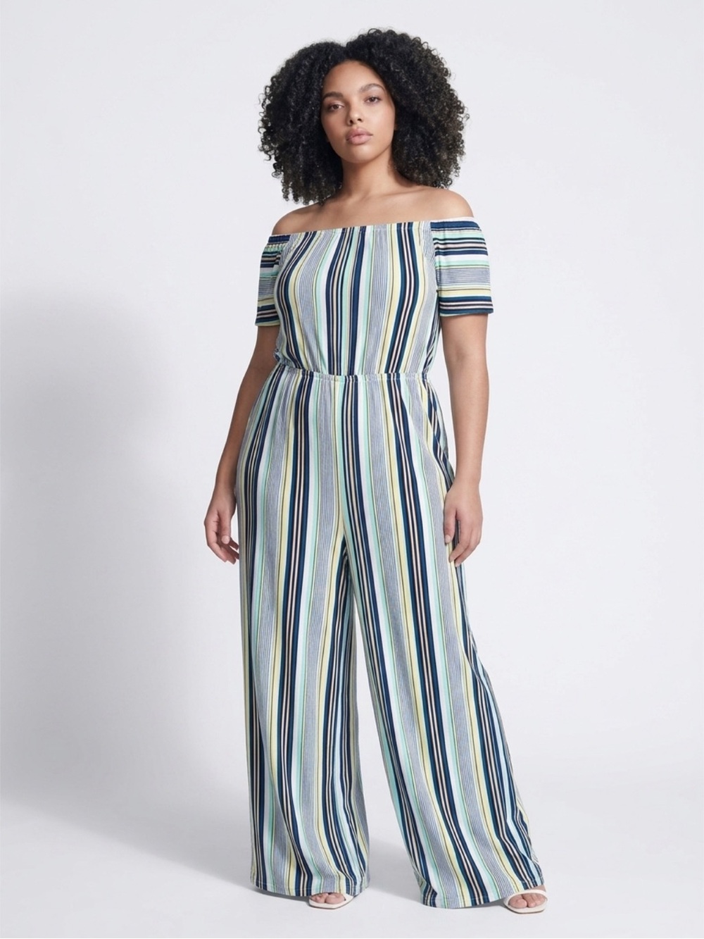 Lane Bryant Off-Shoulder Wide-Leg Striped Jumpsuit - Blue/Green/White